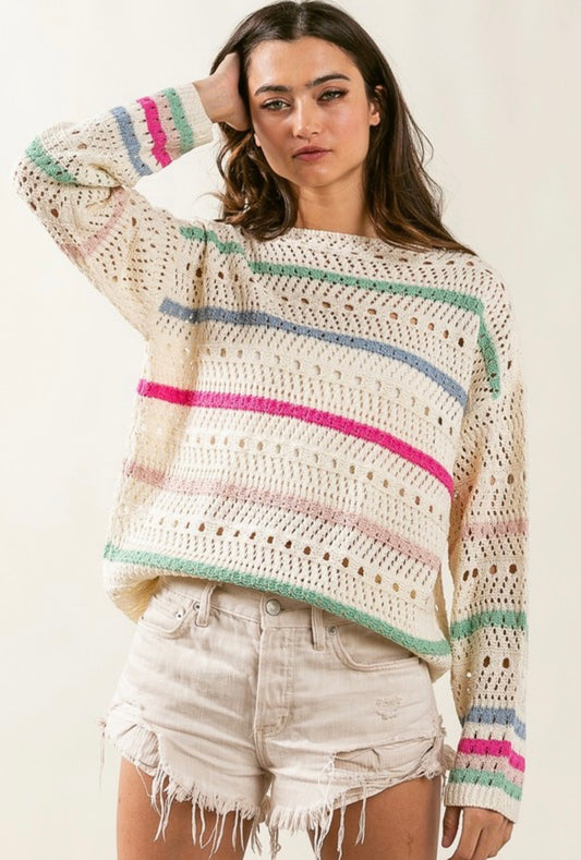 stripe pointelle sweater|ivory multi