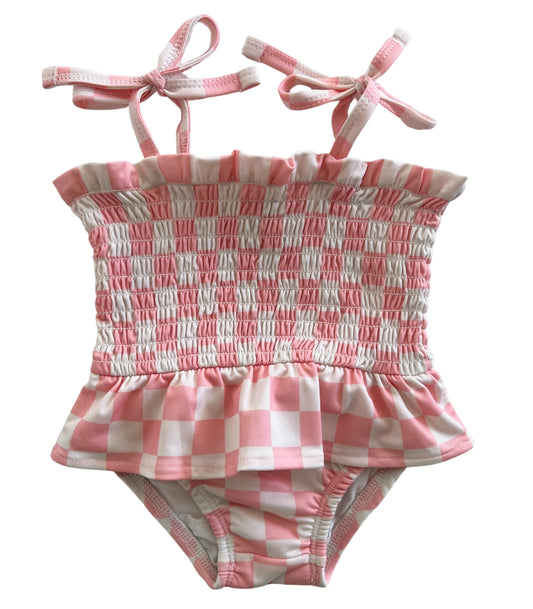 shortcake swim|pink strawberry checked